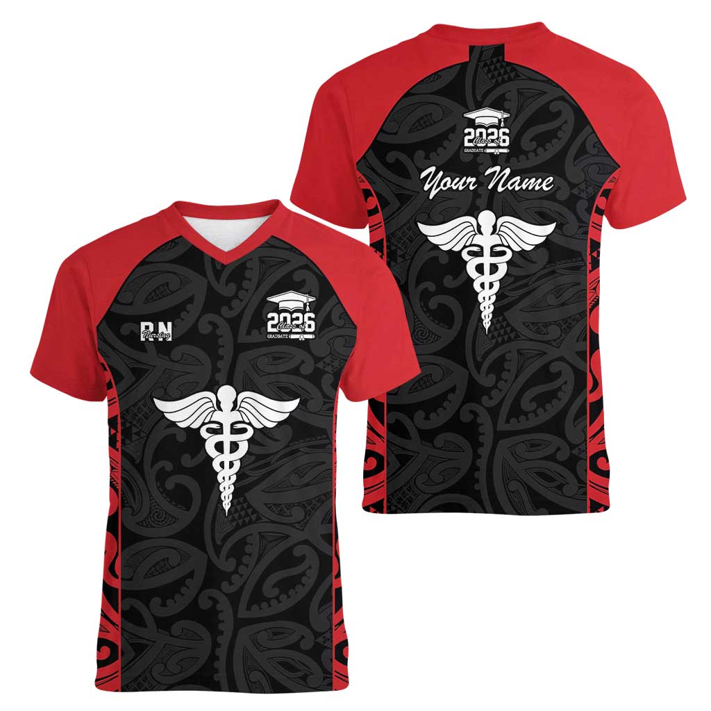 New Zealand Nurse RN 2026 Personalised Women V-Neck T-Shirt Red Maori Pattern Cultural Pride