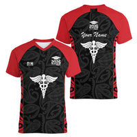 New Zealand Nurse RN 2026 Personalised Women V-Neck T-Shirt Red Maori Pattern Cultural Pride