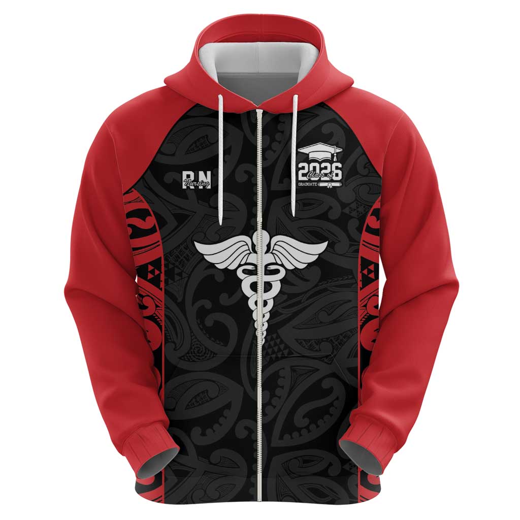 New Zealand Nurse RN 2026 Personalised Zip Hoodie Red Maori Pattern Cultural Pride LT9 - Polynesian Pride