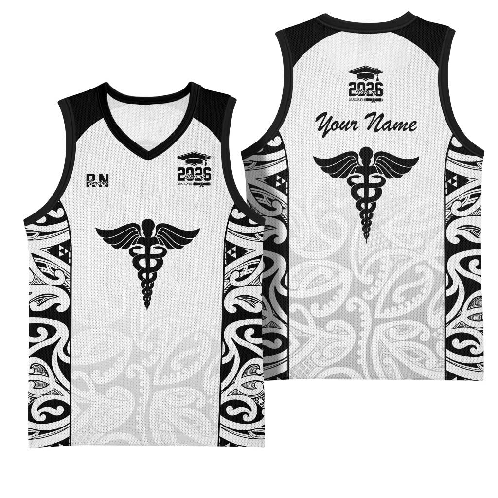 New Zealand Nurse RN 2026 Personalised Basketball Jersey White Maori Pattern Cultural Pride