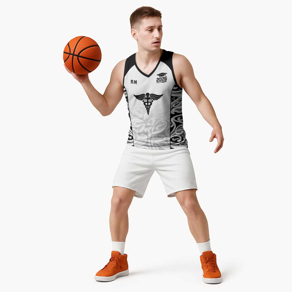 New Zealand Nurse RN 2026 Personalised Basketball Jersey White Maori Pattern Cultural Pride