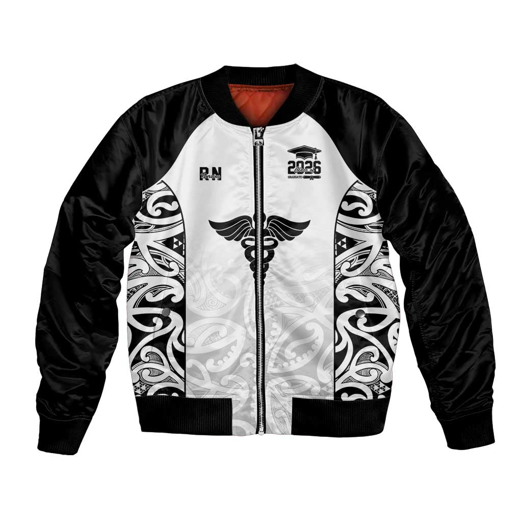 New Zealand Nurse RN 2026 Personalised Bomber Jacket White Maori Pattern Cultural Pride LT9 Unisex White - Polynesian Pride