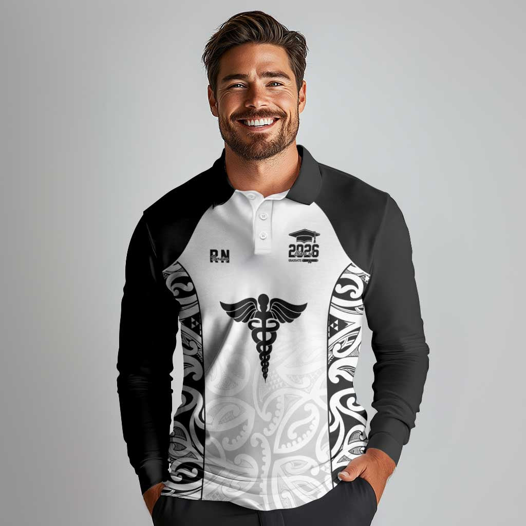 New Zealand Nurse RN 2026 Personalised Long Sleeve Polo Shirt White Maori Pattern Cultural Pride LT9 - Polynesian Pride