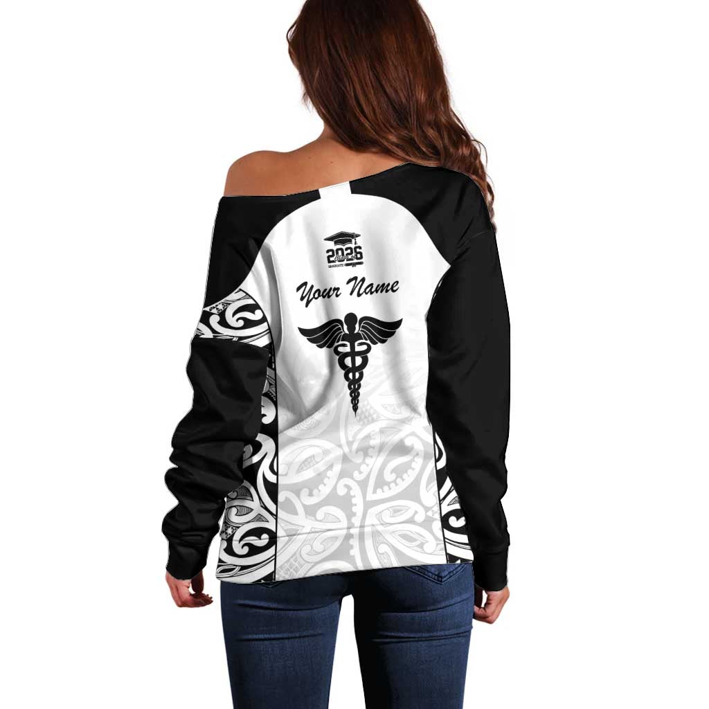 New Zealand Nurse RN 2026 Personalised Off Shoulder Sweater White Maori Pattern Cultural Pride LT9 - Polynesian Pride