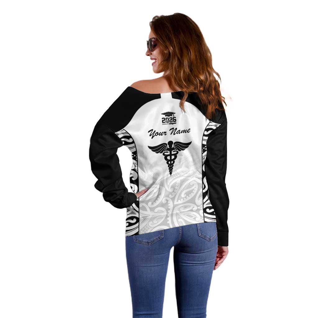 New Zealand Nurse RN 2026 Personalised Off Shoulder Sweater White Maori Pattern Cultural Pride LT9 - Polynesian Pride