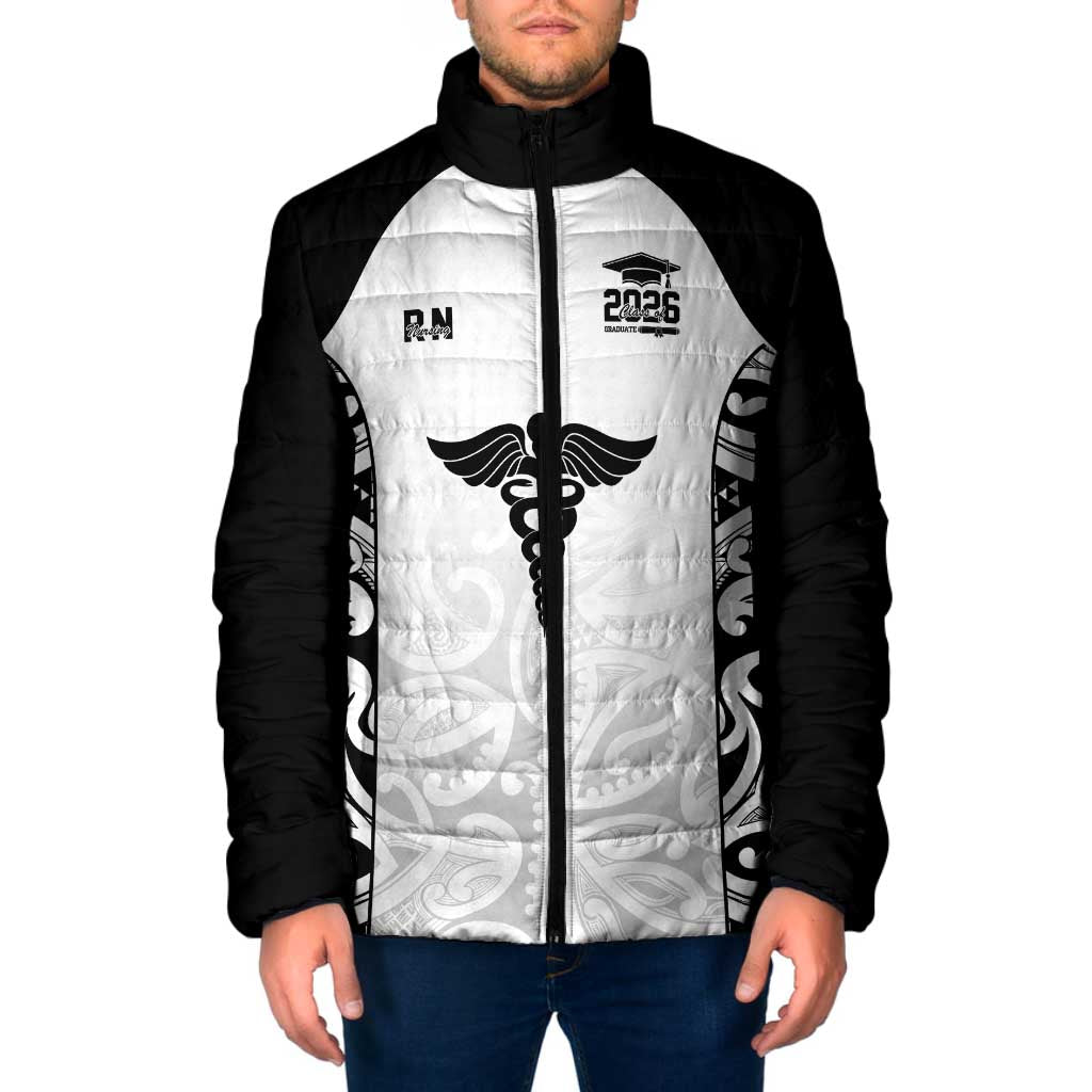 New Zealand Nurse RN 2026 Personalised Padded Jacket White Maori Pattern Cultural Pride LT9 Men White - Polynesian Pride