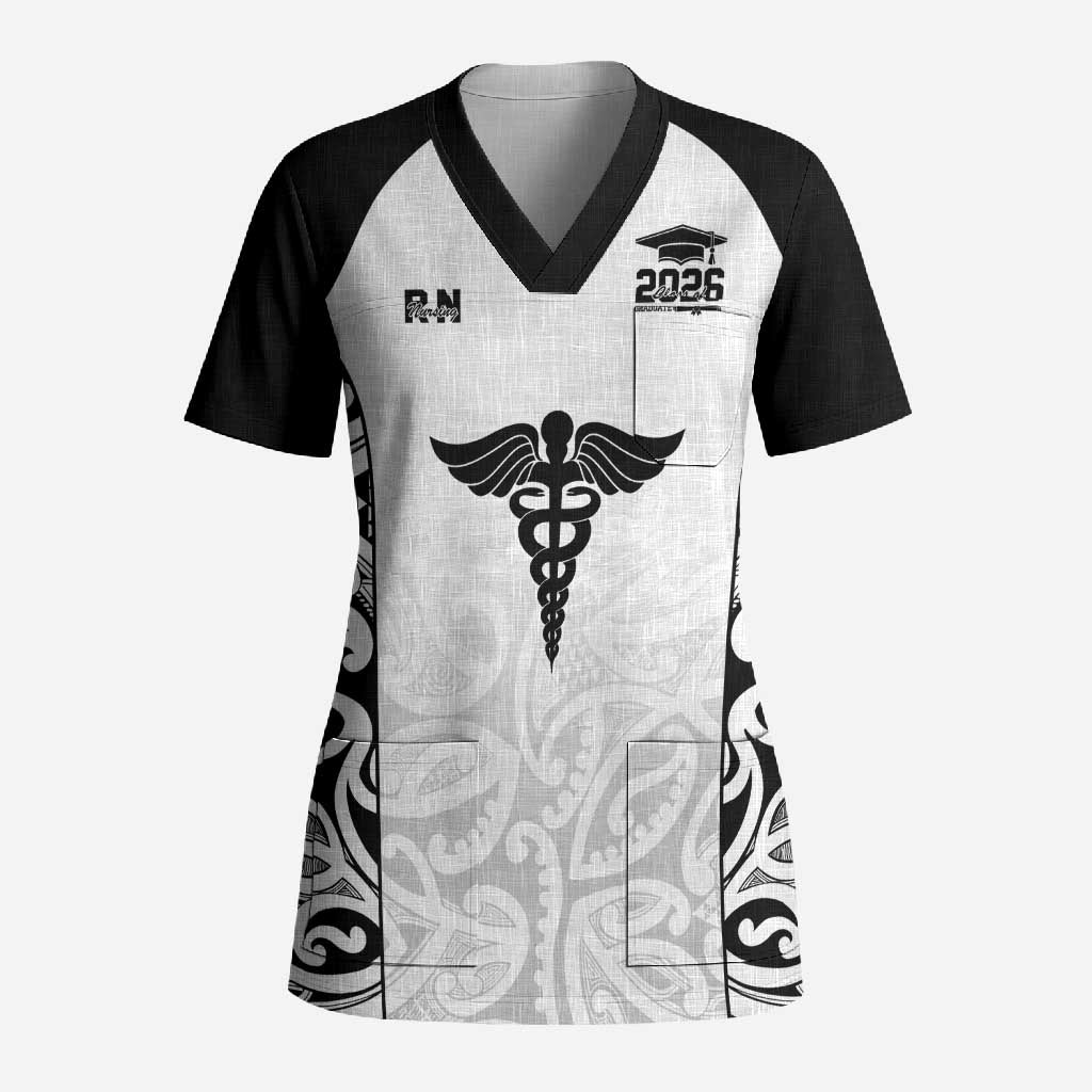 New Zealand Nurse RN 2026 Personalised Scrub Top White Maori Pattern Cultural Pride LT9 Adult White - Polynesian Pride