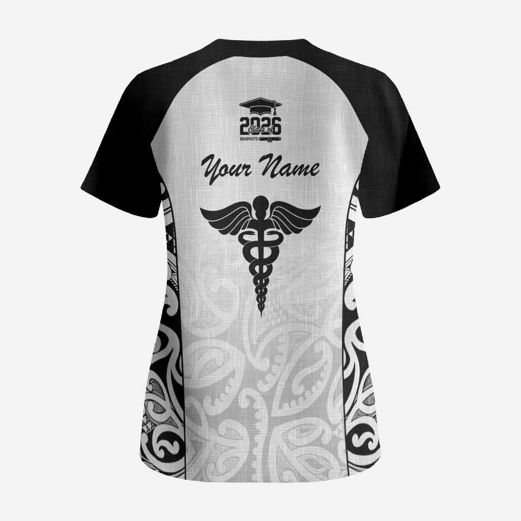 New Zealand Nurse RN 2026 Personalised Scrub Top White Maori Pattern Cultural Pride LT9 - Polynesian Pride