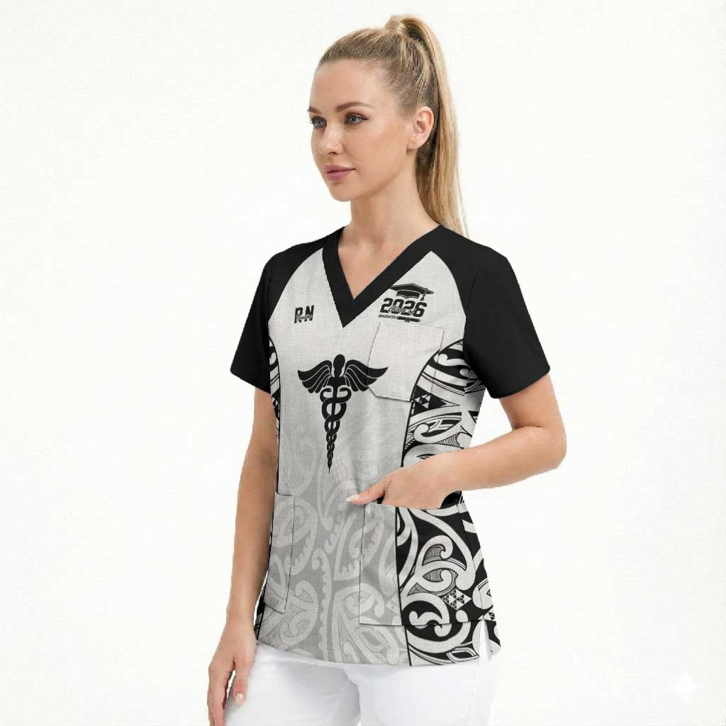 New Zealand Nurse RN 2026 Personalised Scrub Top White Maori Pattern Cultural Pride LT9 - Polynesian Pride