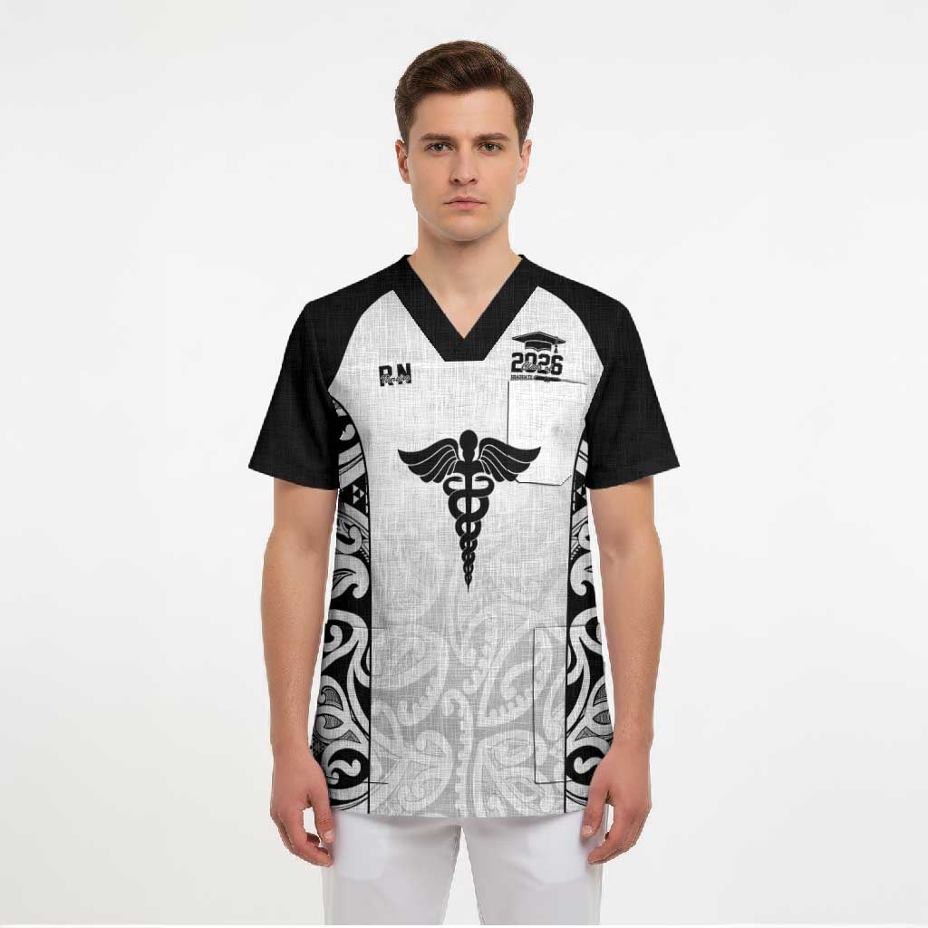 New Zealand Nurse RN 2026 Personalised Scrub Top White Maori Pattern Cultural Pride LT9 - Polynesian Pride