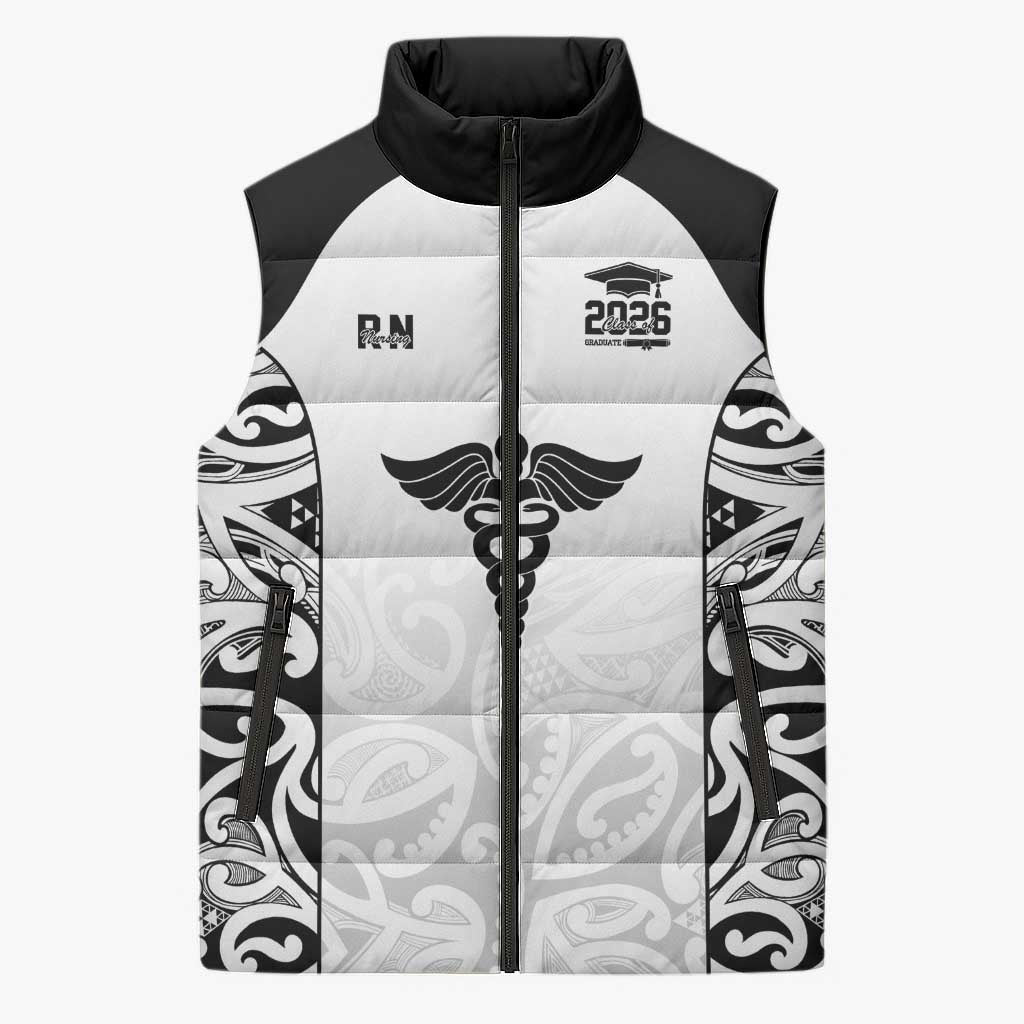 New Zealand Nurse RN 2026 Personalised Sleeveless Puffer Jacket White Maori Pattern Cultural Pride LT9 Unisex White - Polynesian Pride