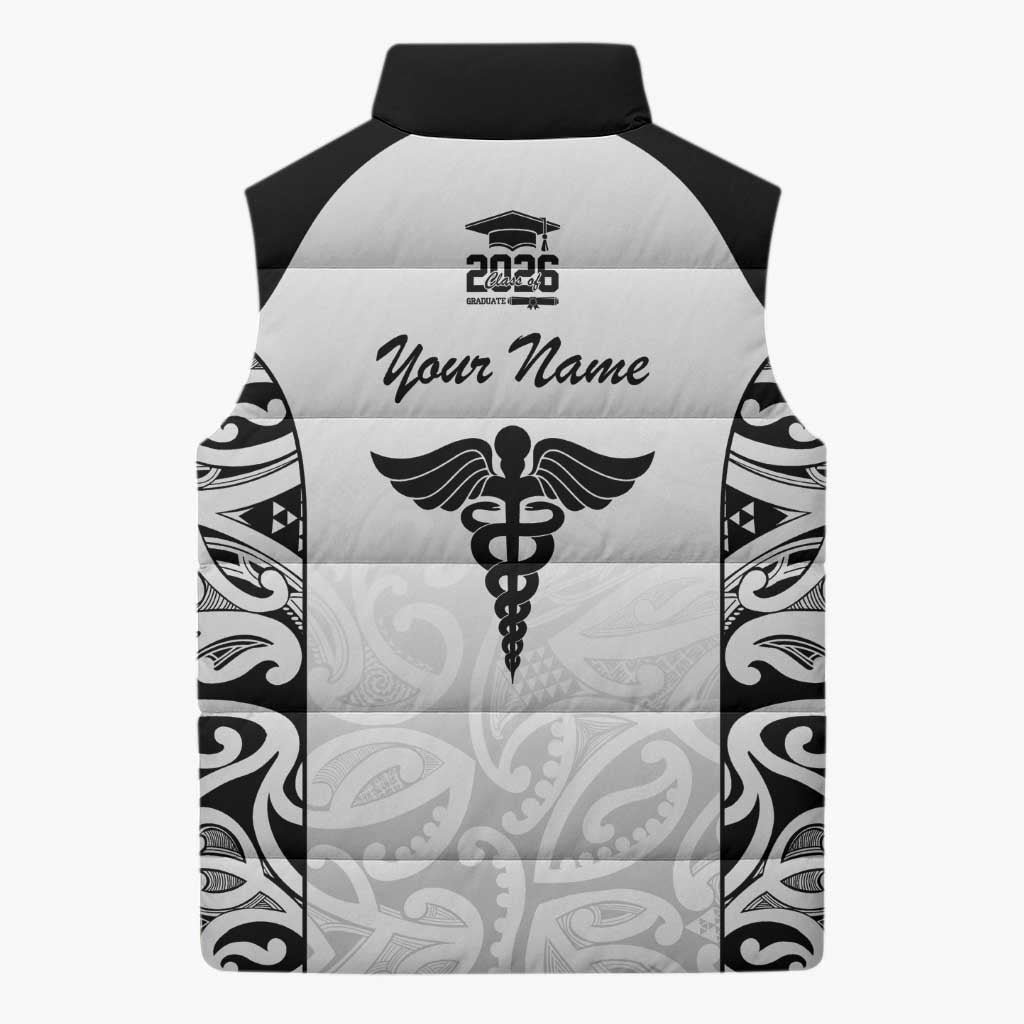 New Zealand Nurse RN 2026 Personalised Sleeveless Puffer Jacket White Maori Pattern Cultural Pride LT9 - Polynesian Pride
