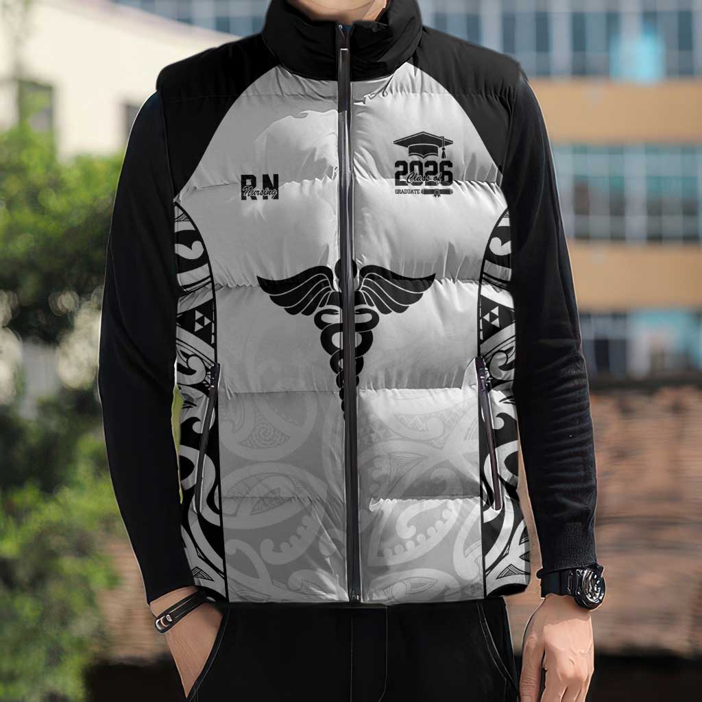 New Zealand Nurse RN 2026 Personalised Sleeveless Puffer Jacket White Maori Pattern Cultural Pride LT9 - Polynesian Pride