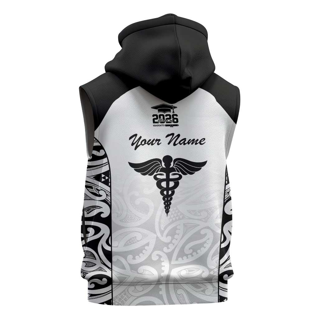 New Zealand Nurse RN 2026 Personalised Sleeveless Zip Hoodie White Maori Pattern Cultural Pride LT9 - Polynesian Pride