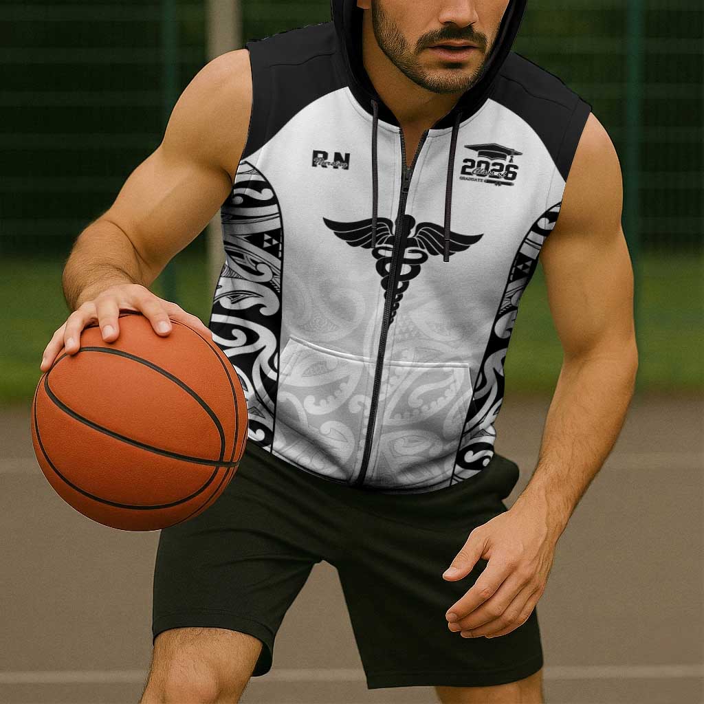 New Zealand Nurse RN 2026 Personalised Sleeveless Zip Hoodie White Maori Pattern Cultural Pride LT9 - Polynesian Pride