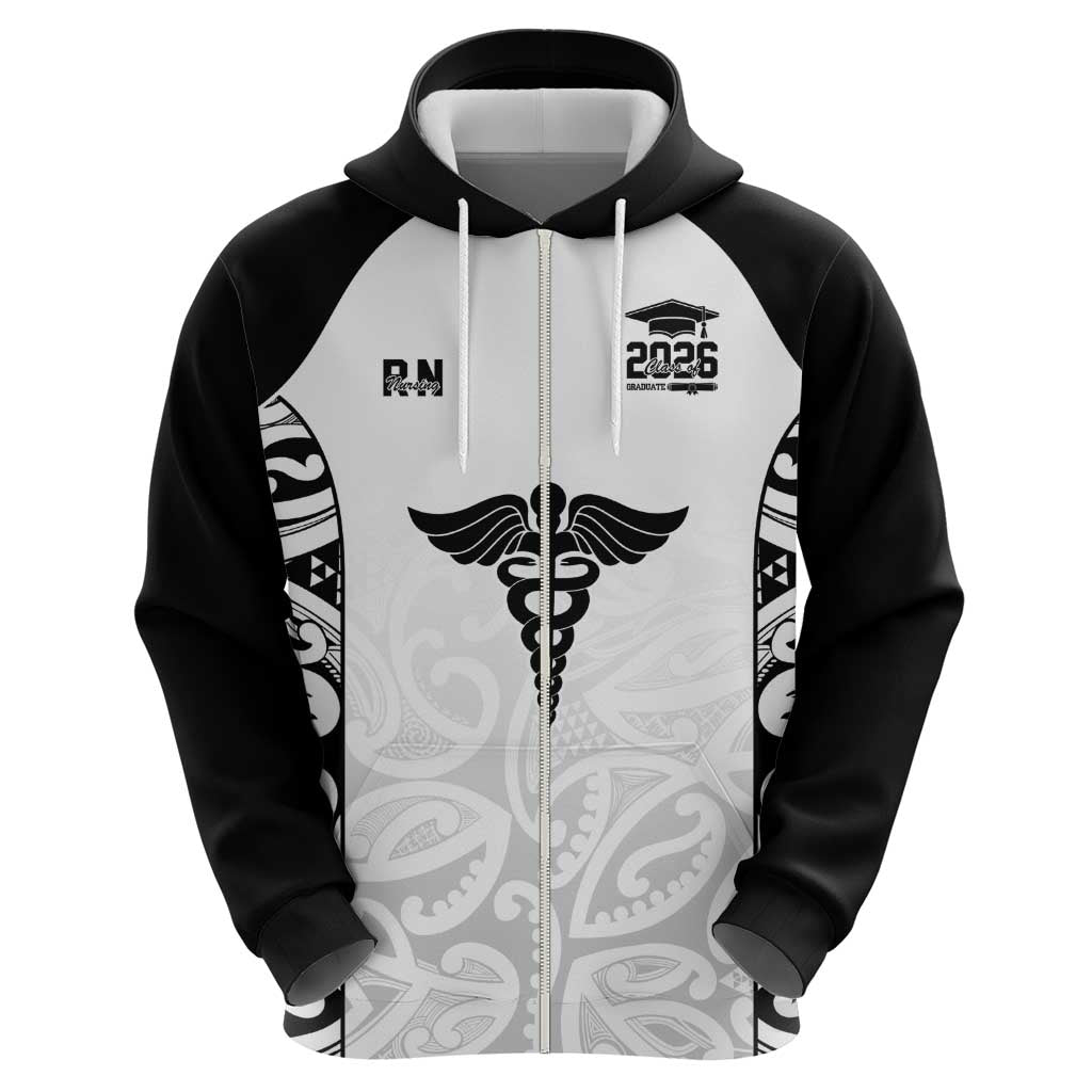 New Zealand Nurse RN 2026 Personalised Zip Hoodie White Maori Pattern Cultural Pride LT9 - Polynesian Pride