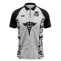 New Zealand Nurse RN 2026 Personalised Zipper Polo Shirt White Maori Pattern Cultural Pride