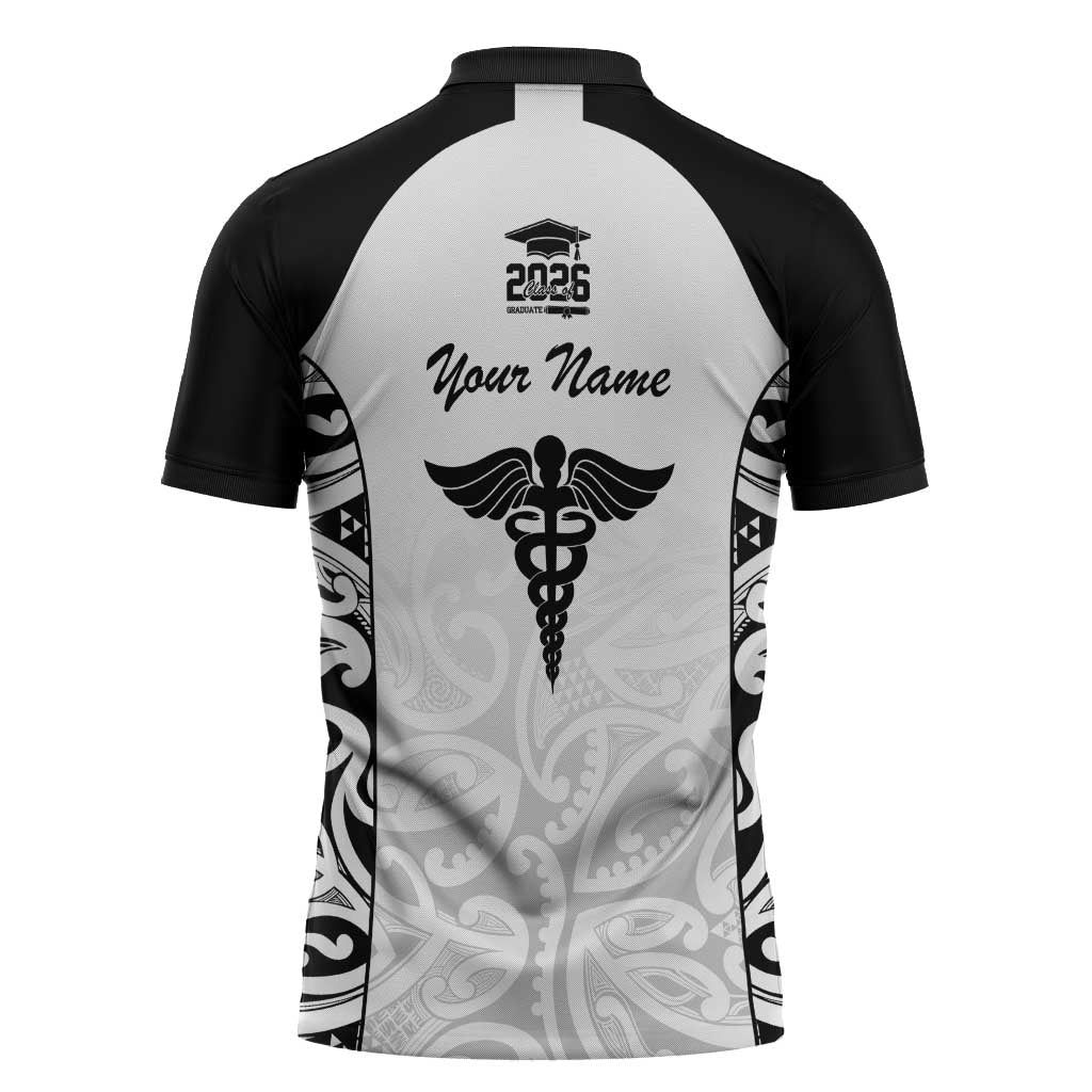New Zealand Nurse RN 2026 Personalised Zipper Polo Shirt White Maori Pattern Cultural Pride