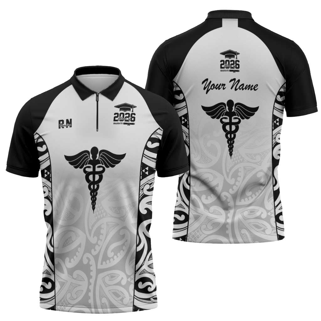 New Zealand Nurse RN 2026 Personalised Zipper Polo Shirt White Maori Pattern Cultural Pride
