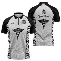 New Zealand Nurse RN 2026 Personalised Zipper Polo Shirt White Maori Pattern Cultural Pride