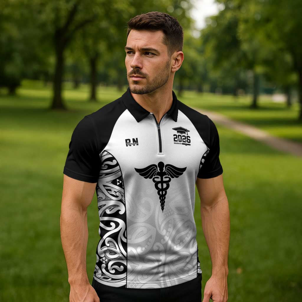 New Zealand Nurse RN 2026 Personalised Zipper Polo Shirt White Maori Pattern Cultural Pride