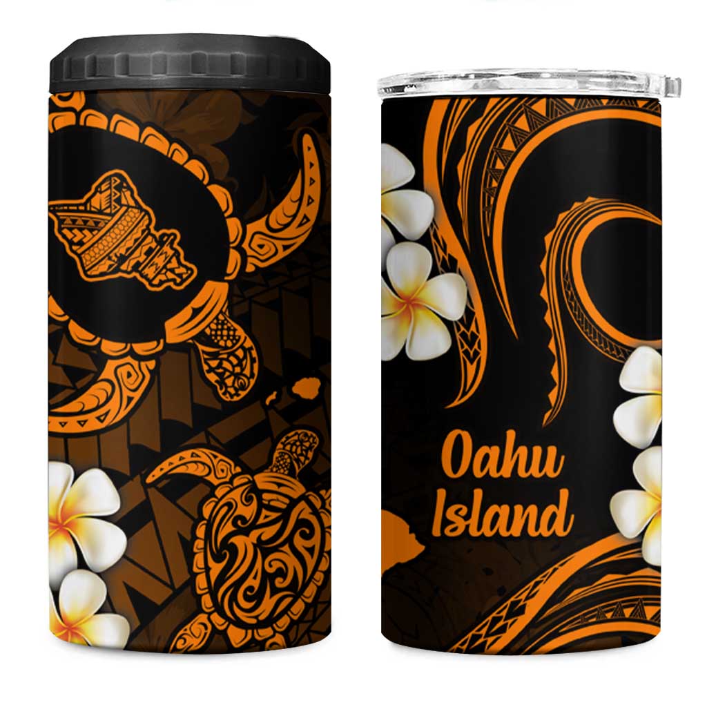 Hawaii Oahu Islands Pacific Plumeria 4 in 1 Can Cooler Tumbler Gold Polynesian Tattoo