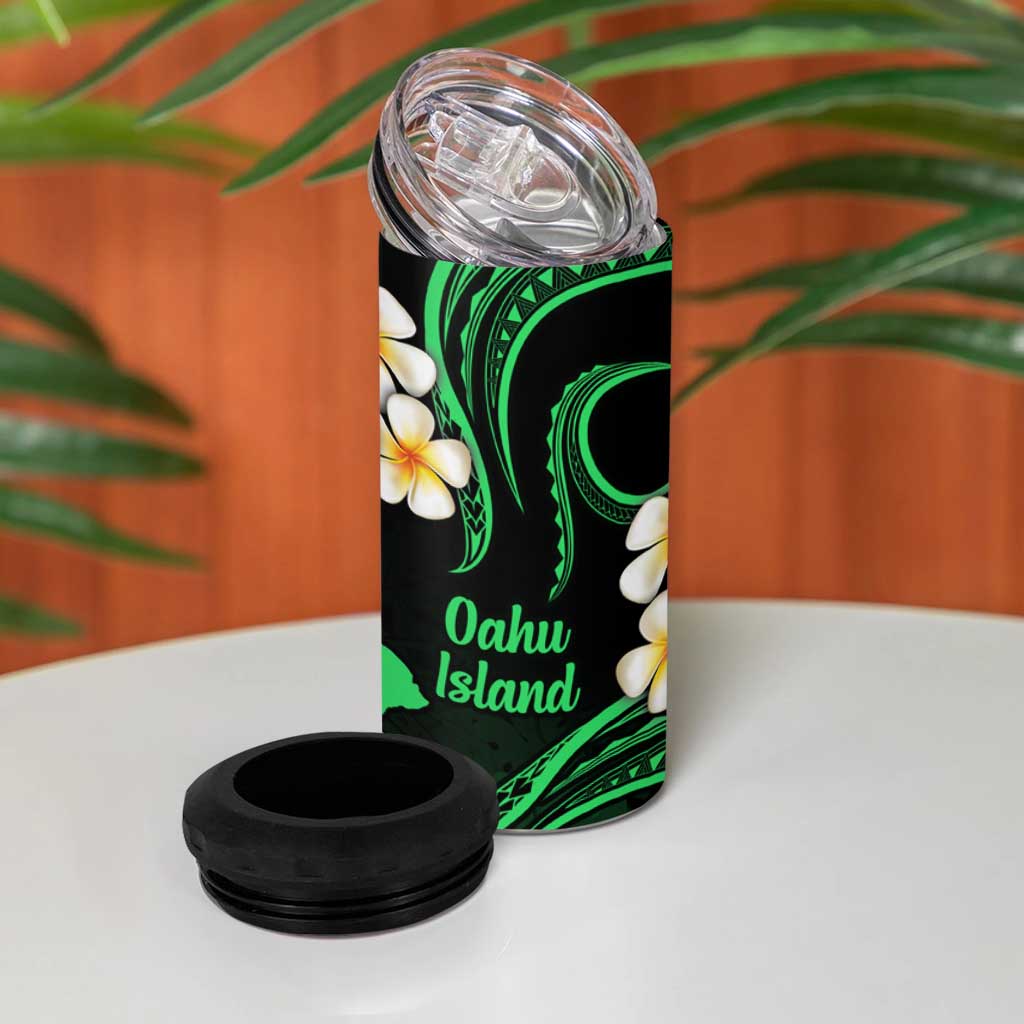 Hawaii Oahu Islands Pacific Plumeria 4 in 1 Can Cooler Tumbler Green Polynesian Tattoo
