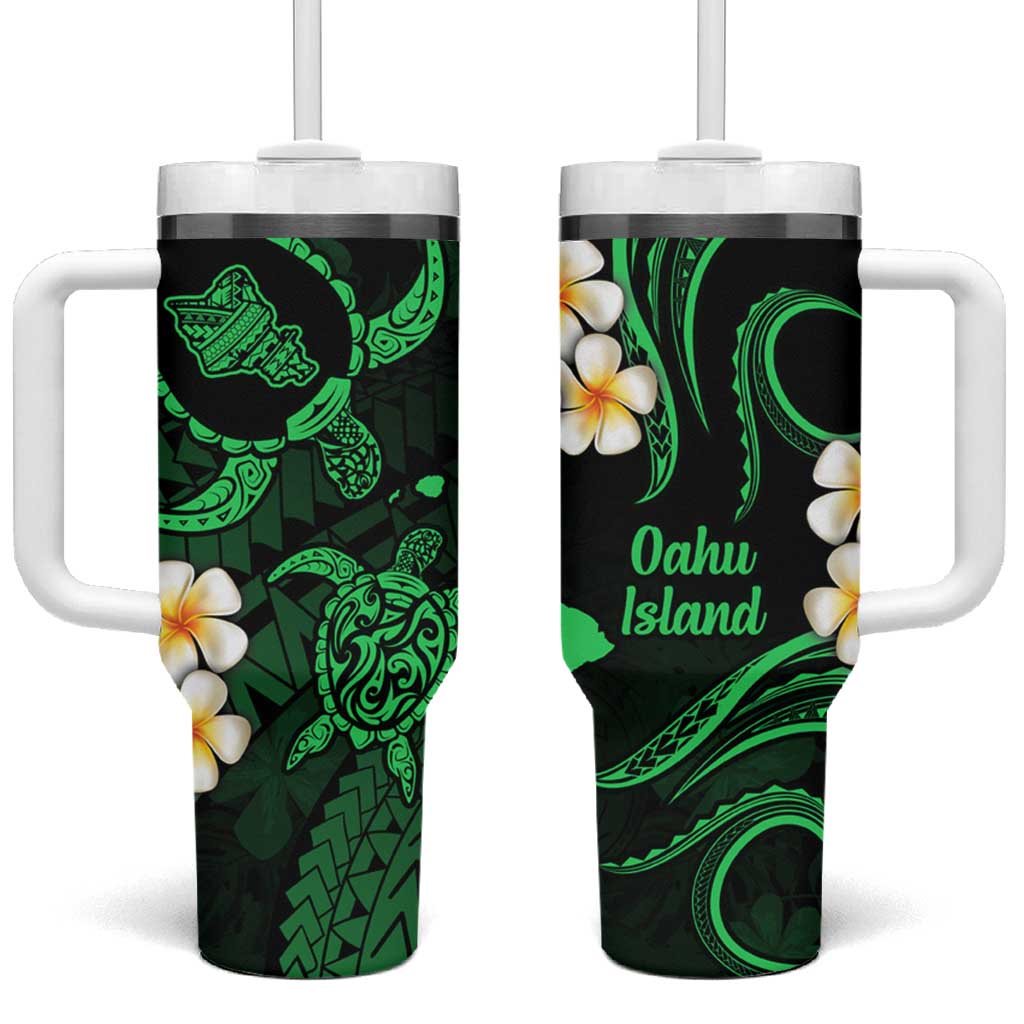 Hawaii Oahu Islands Pacific Plumeria Tumbler With Handle Green Polynesian Tattoo