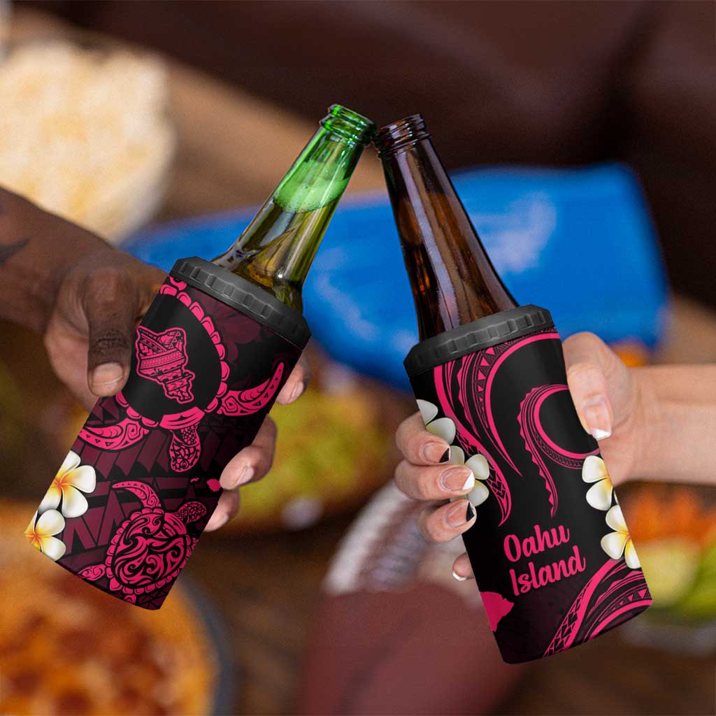 Hawaii Oahu Islands Pacific Plumeria 4 in 1 Can Cooler Tumbler Pink Polynesian Tattoo