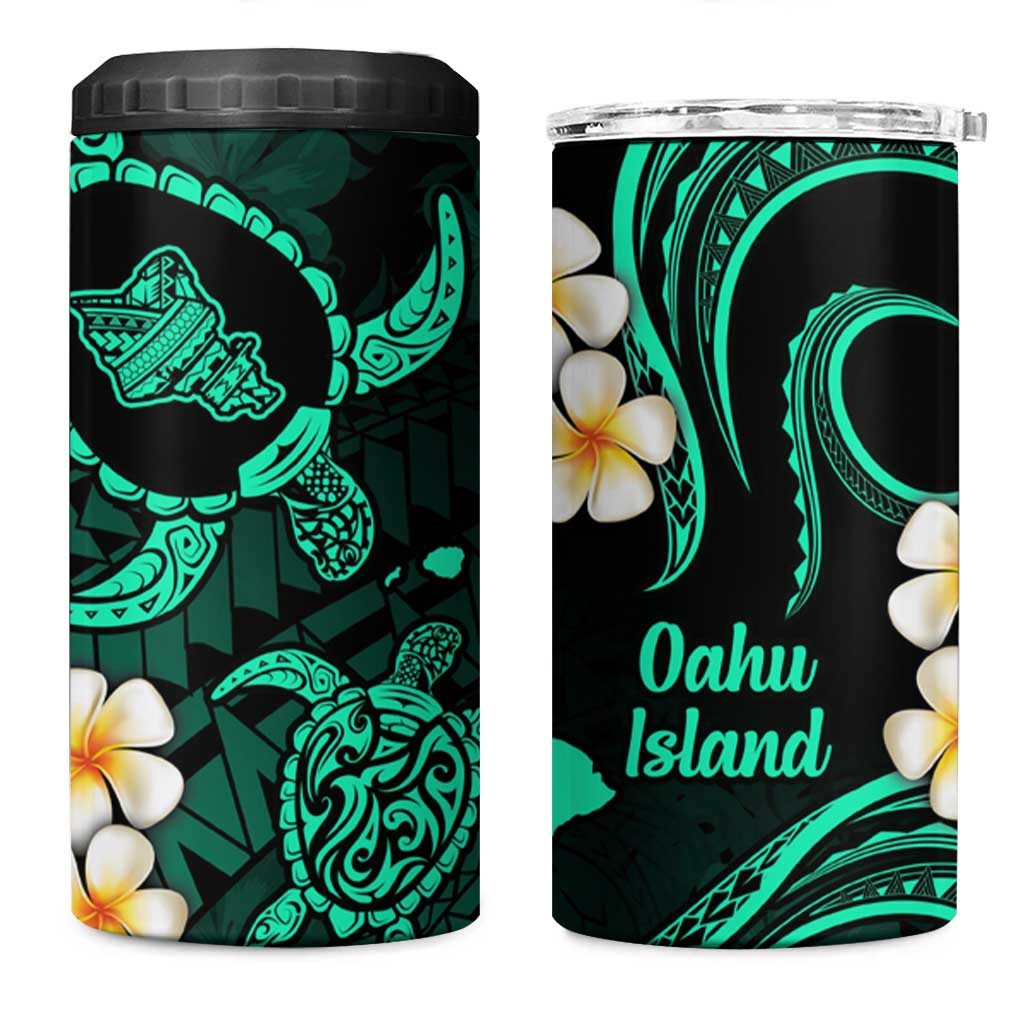 Hawaii Oahu Islands Pacific Plumeria 4 in 1 Can Cooler Tumbler Turquoise Polynesian Tattoo