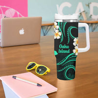 Hawaii Oahu Islands Pacific Plumeria Tumbler With Handle Turquoise Polynesian Tattoo