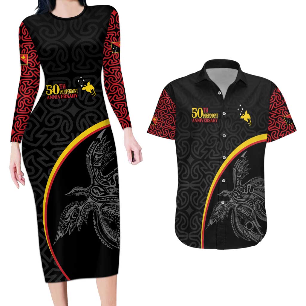 Papua New Guinea 50th Independence Day Couples Matching Long Sleeve Bodycon Dress and Hawaiian Shirt Simple Oro Tapa Pattern - Polynesian Pride