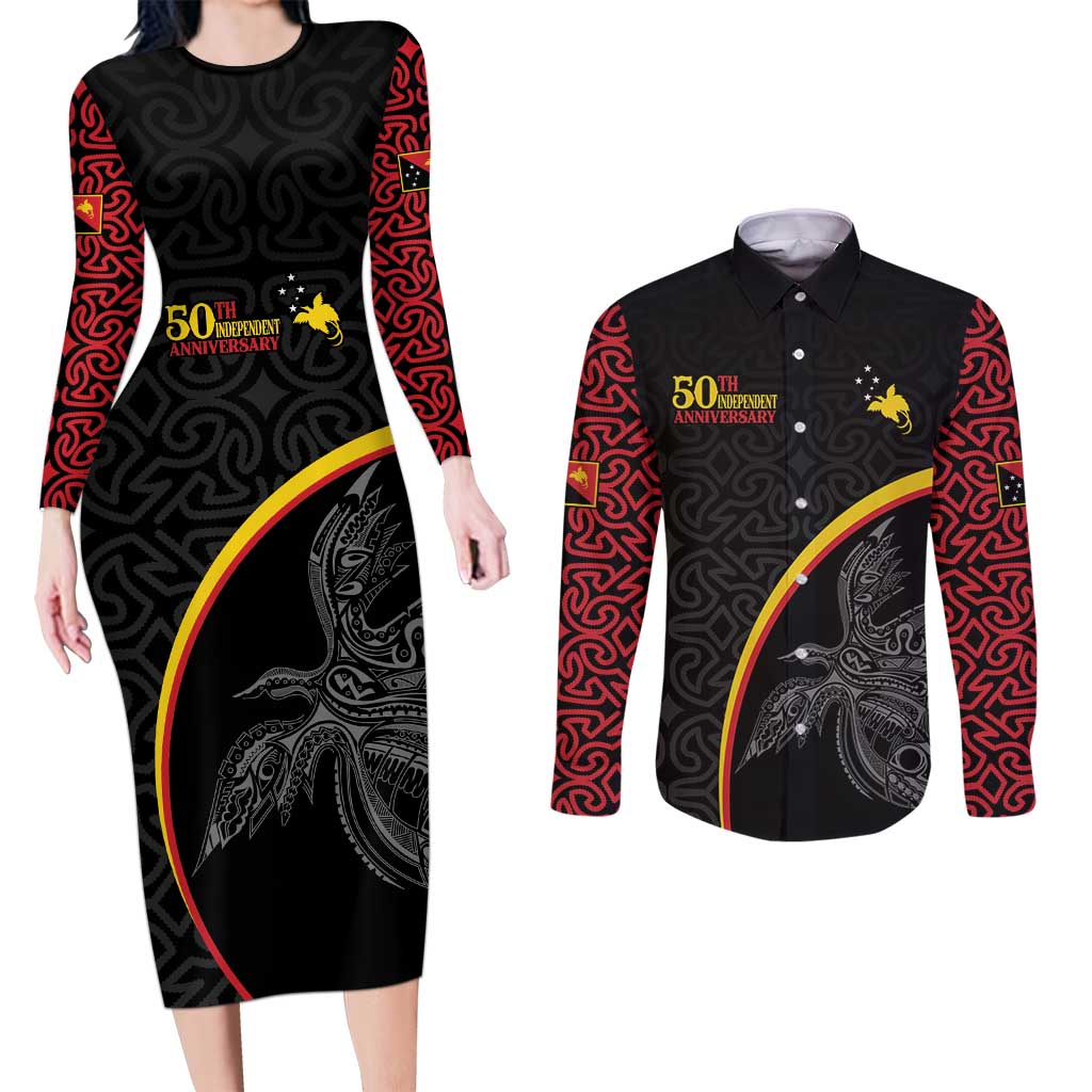 Papua New Guinea 50th Independence Day Couples Matching Long Sleeve Bodycon Dress and Long Sleeve Button Shirt Simple Oro Tapa Pattern LT9 Black - Polynesian Pride