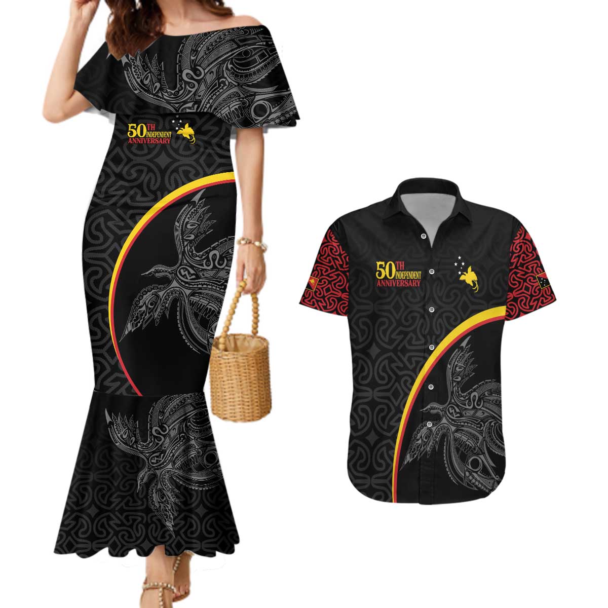 Papua New Guinea 50th Independence Day Couples Matching Mermaid Dress and Hawaiian Shirt Simple Oro Tapa Pattern - Polynesian Pride