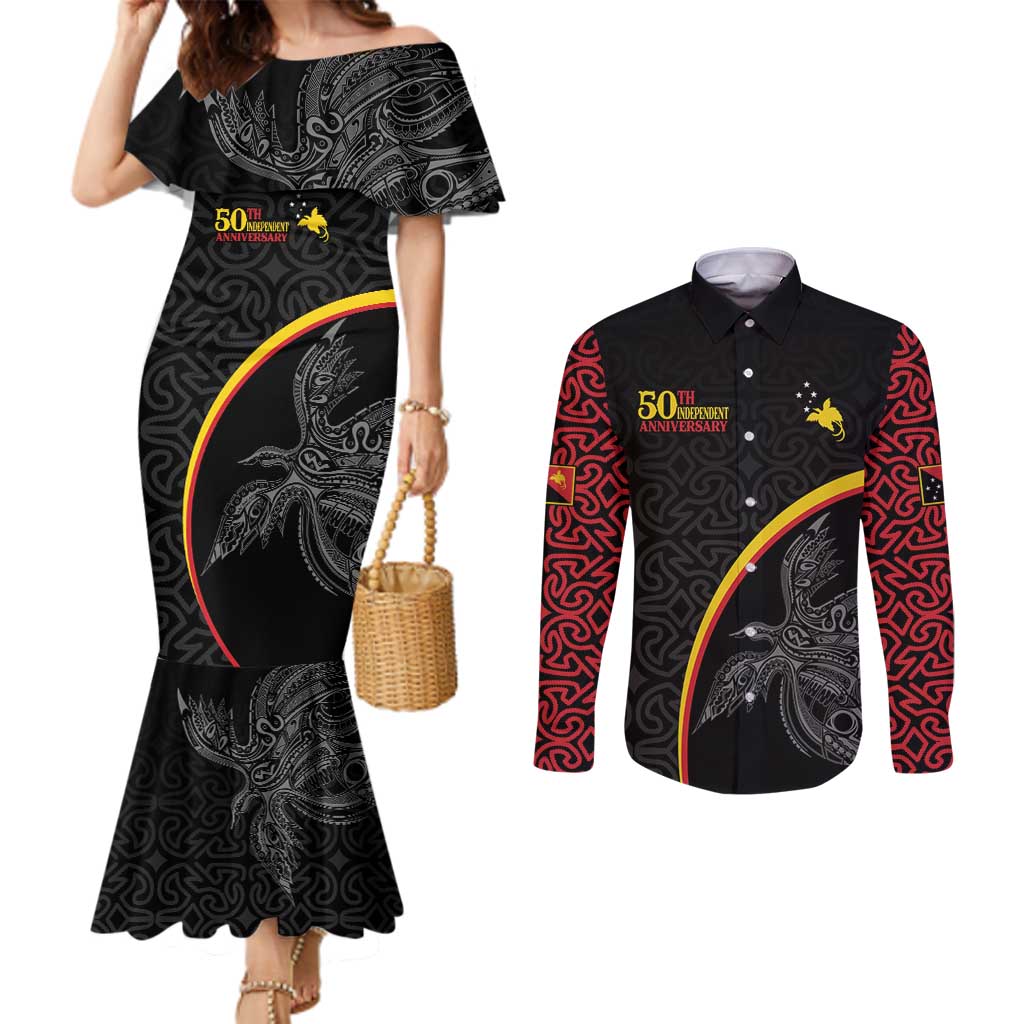 Papua New Guinea 50th Independence Day Couples Matching Mermaid Dress and Long Sleeve Button Shirt Simple Oro Tapa Pattern LT9 Black - Polynesian Pride