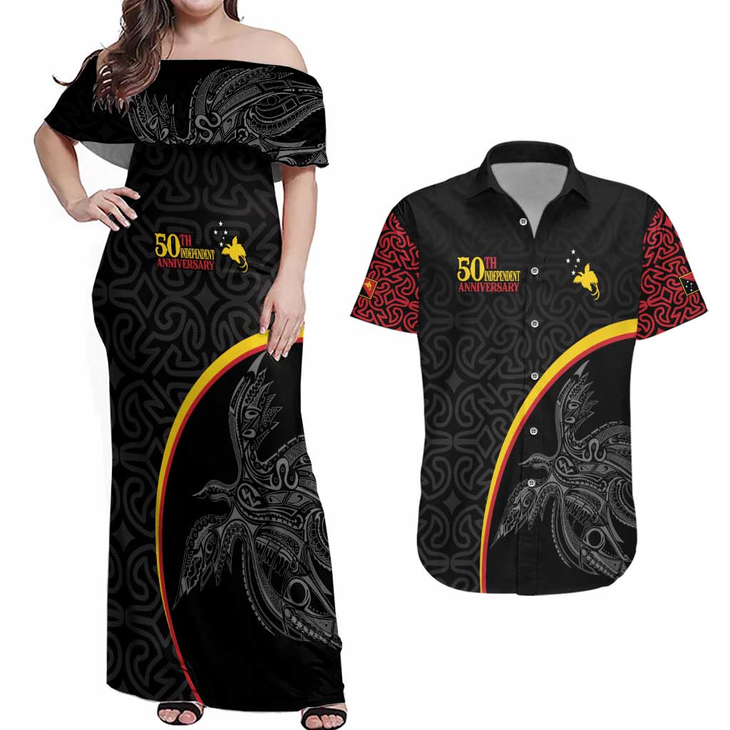 Papua New Guinea 50th Independence Day Couples Matching Off Shoulder Maxi Dress and Hawaiian Shirt Simple Oro Tapa Pattern - Polynesian Pride