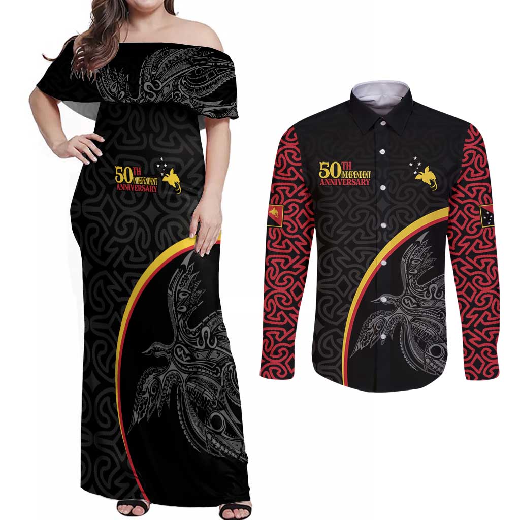 Papua New Guinea 50th Independence Day Couples Matching Off Shoulder Maxi Dress and Long Sleeve Button Shirt Simple Oro Tapa Pattern LT9 Black - Polynesian Pride