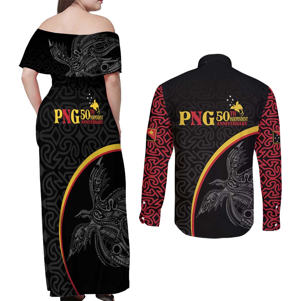 Papua New Guinea 50th Independence Day Couples Matching Off Shoulder Maxi Dress and Long Sleeve Button Shirt Simple Oro Tapa Pattern LT9 - Polynesian Pride