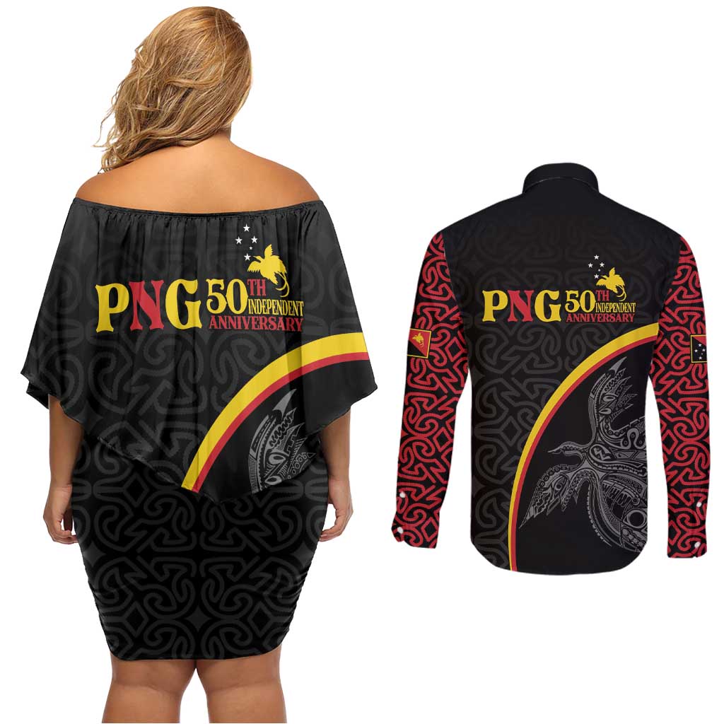 Papua New Guinea 50th Independence Day Couples Matching Off Shoulder Short Dress and Long Sleeve Button Shirt Simple Oro Tapa Pattern LT9 - Polynesian Pride