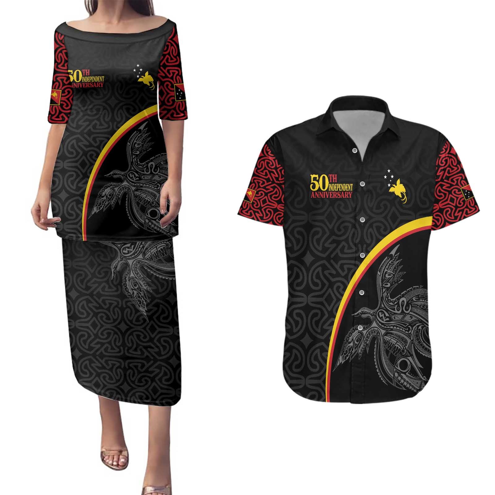 Papua New Guinea 50th Independence Day Couples Matching Puletasi and Hawaiian Shirt Simple Oro Tapa Pattern LT9 Black - Polynesian Pride