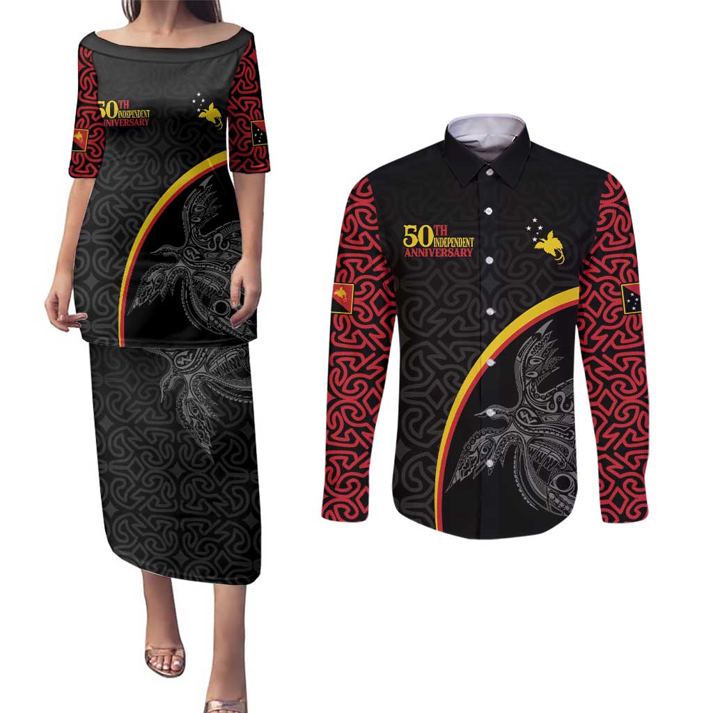 Papua New Guinea 50th Independence Day Couples Matching Puletasi and Long Sleeve Button Shirt Simple Oro Tapa Pattern LT9 Black - Polynesian Pride
