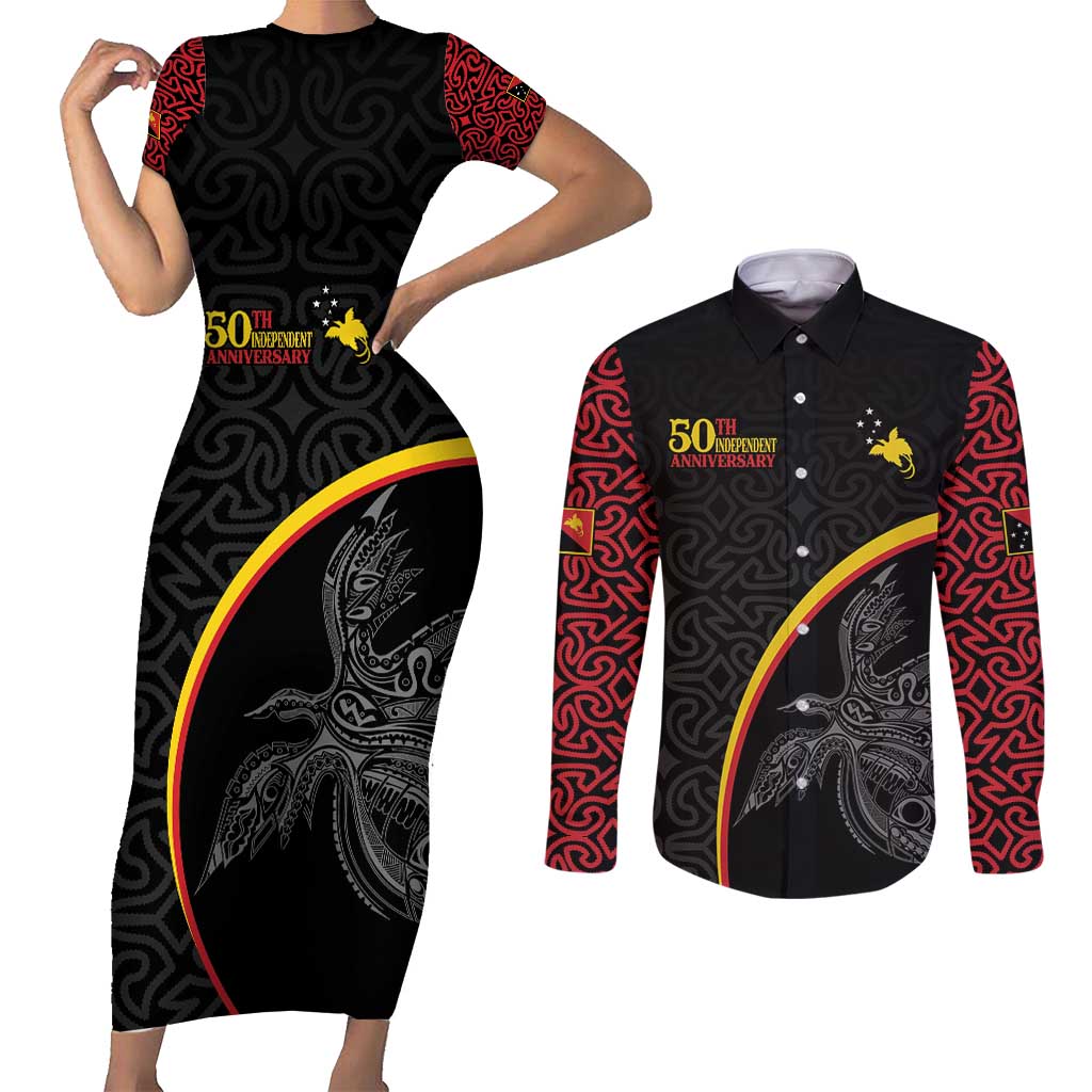 Papua New Guinea 50th Independence Day Couples Matching Short Sleeve Bodycon Dress and Long Sleeve Button Shirt Simple Oro Tapa Pattern LT9 Black - Polynesian Pride