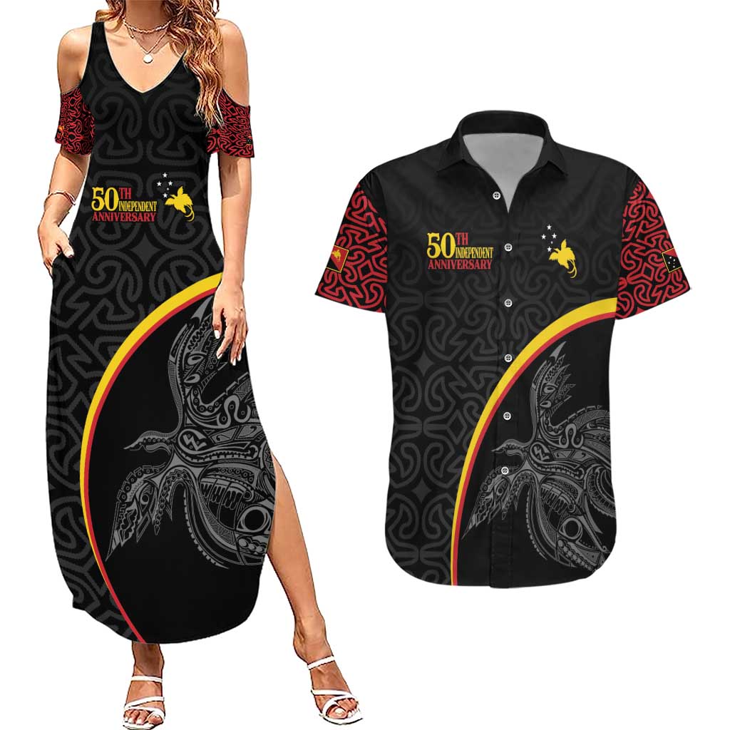 Papua New Guinea 50th Independence Day Couples Matching Summer Maxi Dress and Hawaiian Shirt Simple Oro Tapa Pattern LT9 Black - Polynesian Pride
