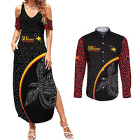 Papua New Guinea 50th Independence Day Couples Matching Summer Maxi Dress and Long Sleeve Button Shirt Simple Oro Tapa Pattern LT9 Black - Polynesian Pride