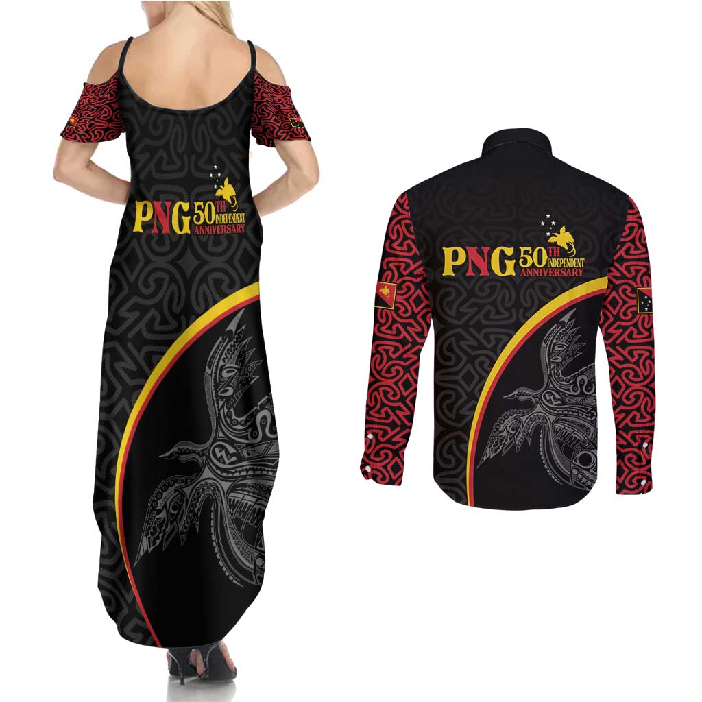 Papua New Guinea 50th Independence Day Couples Matching Summer Maxi Dress and Long Sleeve Button Shirt Simple Oro Tapa Pattern LT9 - Polynesian Pride