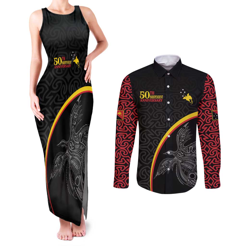 Papua New Guinea 50th Independence Day Couples Matching Tank Maxi Dress and Long Sleeve Button Shirt Simple Oro Tapa Pattern LT9 Black - Polynesian Pride