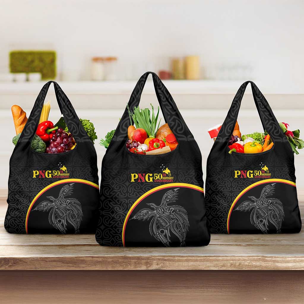 Papua New Guinea 50th Independence Day Grocery Bag Simple Oro Tapa Pattern LT9 3-pack One Size Black - Polynesian Pride