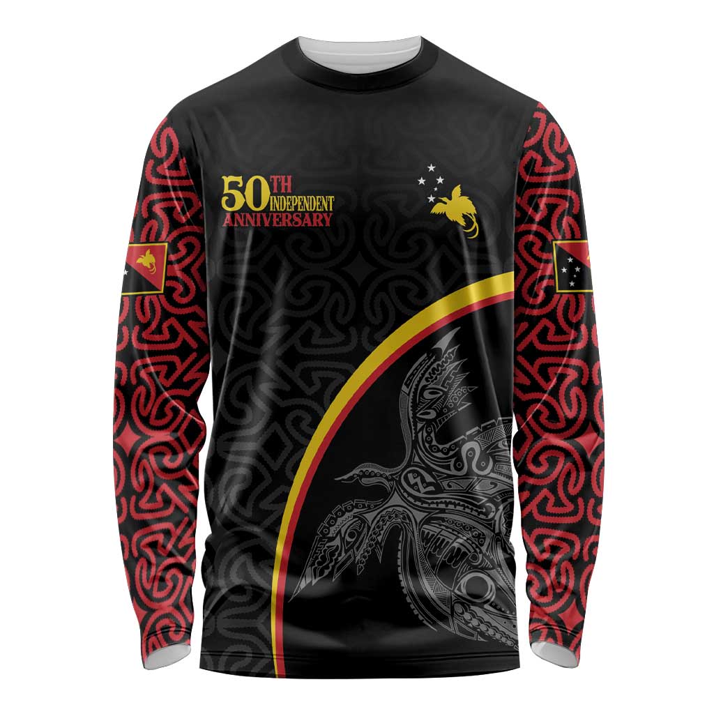 Papua New Guinea 50th Independence Day Long Sleeve Shirt Simple Oro Tapa Pattern LT9 Unisex Black - Polynesian Pride