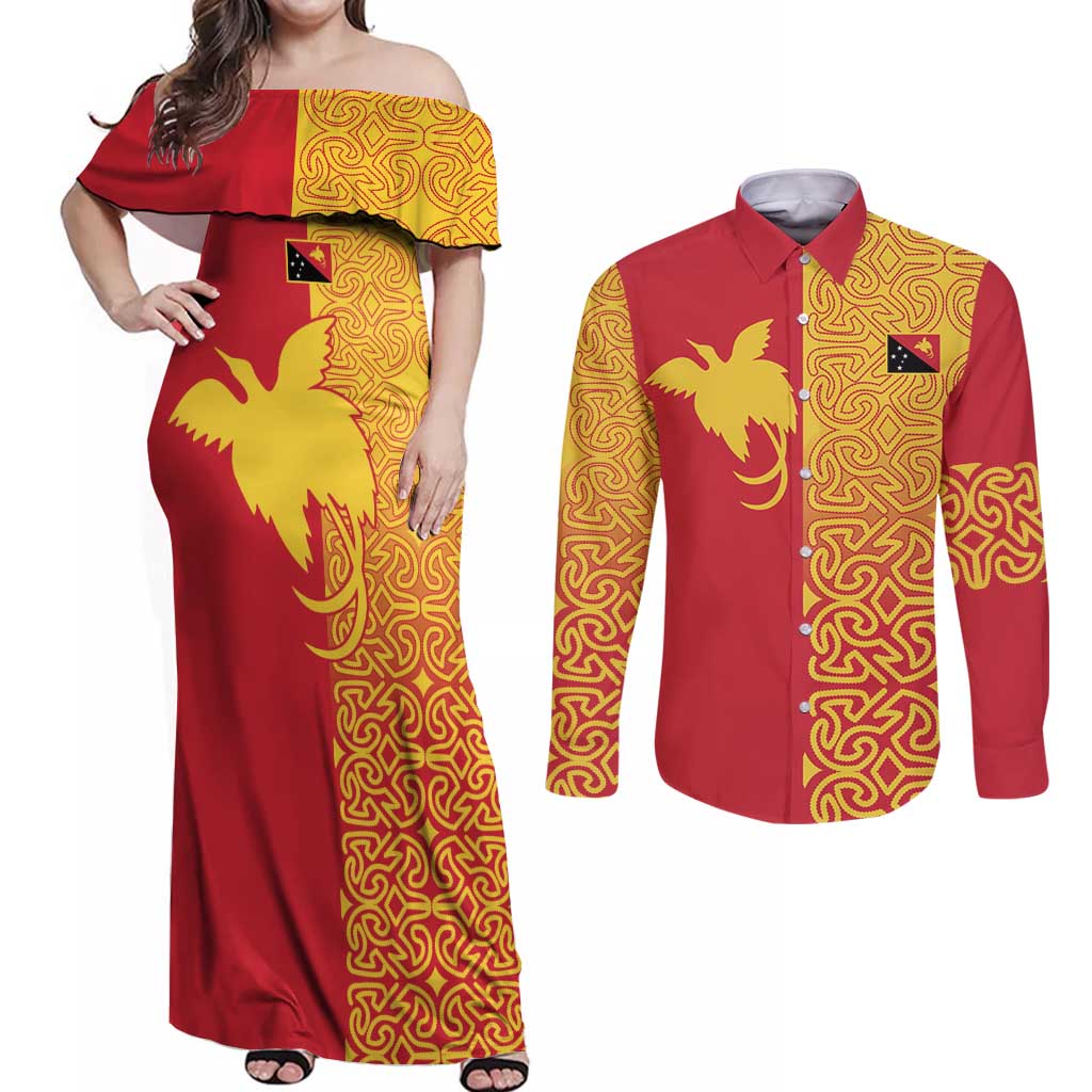 Papua New Guinea Oro Tapa Personalised Couples Matching Off Shoulder Maxi Dress and Long Sleeve Button Shirt Simple Bird of Paradise Style LT9 Red - Polynesian Pride
