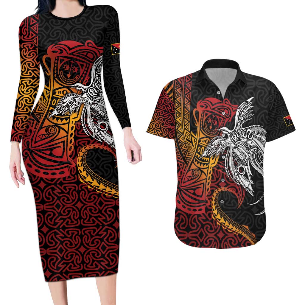Papua New Guinea Sepik Personalised Couples Matching Long Sleeve Bodycon Dress and Hawaiian Shirt PNG Bird of Paradise Tattoo - Polynesian Pride